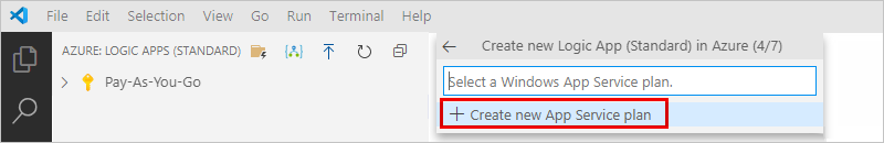 Capture d’écran montrant l’invite permettant de créer un nom pour le plan d’hébergement avec l’option « Créer un plan App Service » sélectionnée.