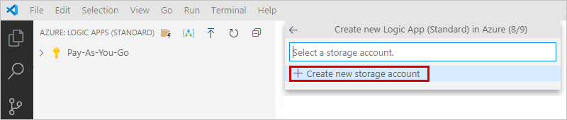 Capture d’écran montrant le volet « Azure : Logic Apps (standard) » et une invite à créer ou sélectionner un compte de stockage.