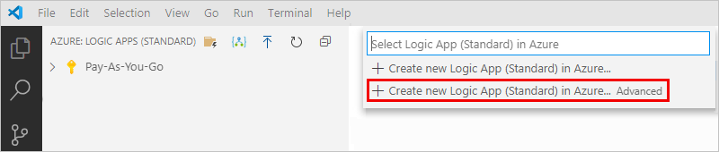 Capture d’écran montrant l’option de déploiement « Créer une application logique (Standard) dans Azure - Avancé » sélectionnée.