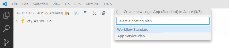 Capture d’écran montrant l’invite permettant de sélectionner « Workflow Standard » ou « Plan App Service ».