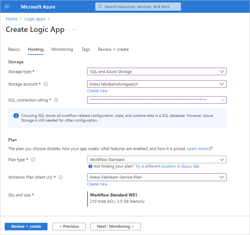 Capture d’écran montrant le portail Azure et la page « Créer une application logique » avec l’onglet « Hébergement ».