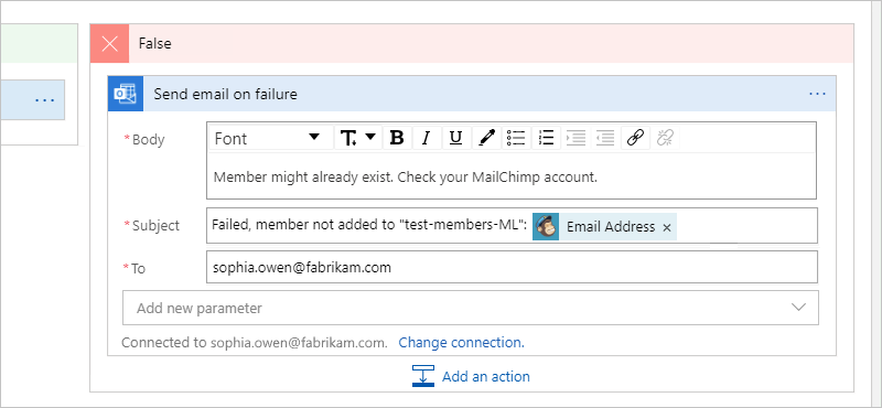 Capture d’écran montrant l’action « Envoyer un e-mail en cas d’échec » et les informations fournies pour l’e-mail d’échec.