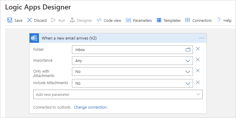 Capture d’écran montrant le concepteur avec l’action « À l’arrivée d’un nouvel e-mail » et « Dossier » défini sur « Boîte de réception ».