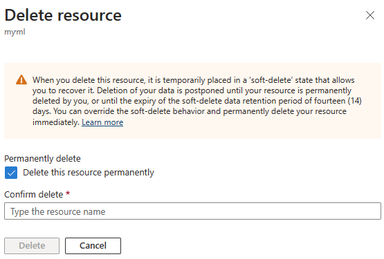 Screenshot of the delete workspace form in the portal.