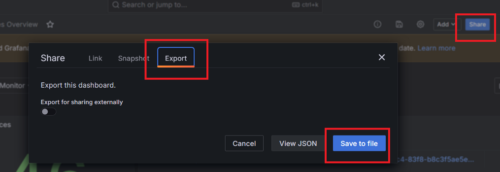 Capture d’écran de l’interface utilisateur Grafana montrant l’option d’exportation du tableau de bord.