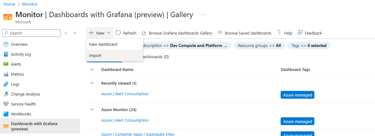Capture d’écran de l’interface Grafana avec Grafana dans le Portail Azure montrant l’option d’importation du tableau de bord.