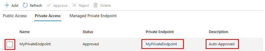 Capture d’écran du portail Azure, gestion du point de terminaison privé.