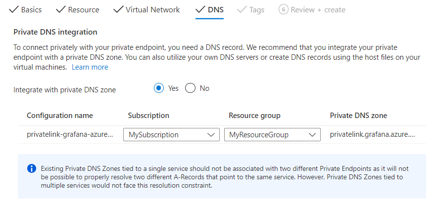 Capture d’écran du portail Azure lors du remplissage de l’onglet DNS.
