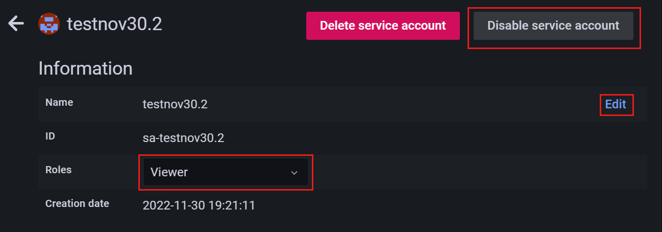 Capture d’écran de la plateforme Azure. Page de modification de compte de service.