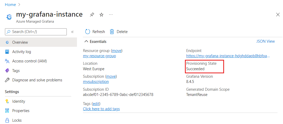 Capture d’écran de la plateforme Azure. Vue d’ensemble - Éléments essentiels.