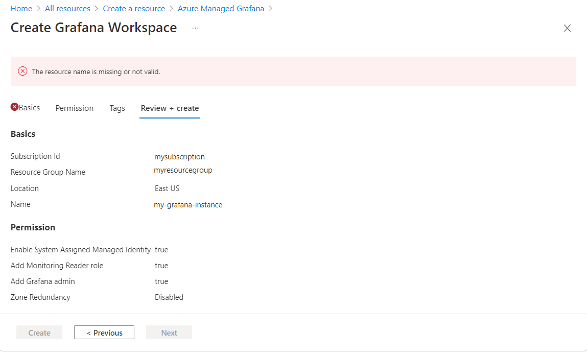 Capture d’écran de la plateforme Azure : erreur de nom d’espace de travail.