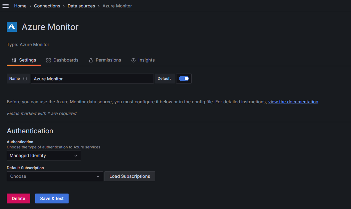 Capture d’écran de l’espace de travail Azure Managed Grafana : Charger des abonnements.