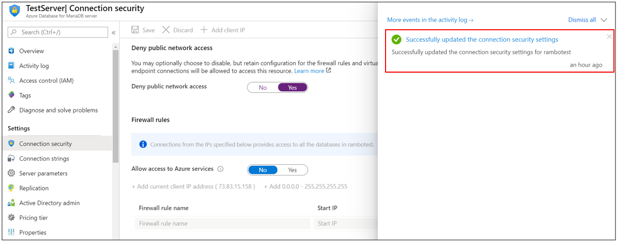 Azure Database for MariaDB Deny network access success