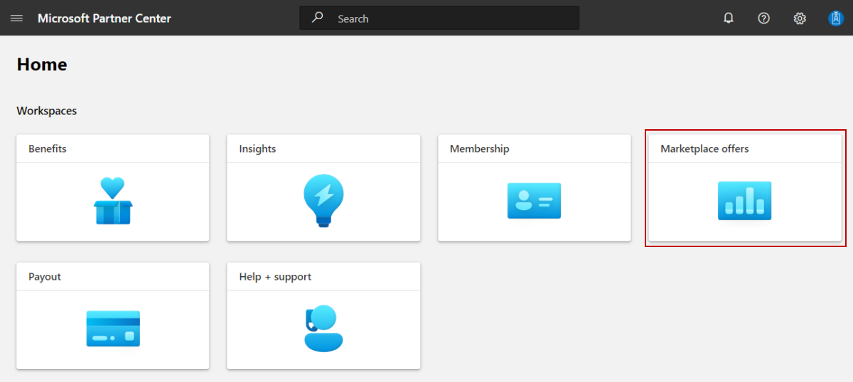 Illustrates the Marketplace offers tile on the Partner Center Home page.