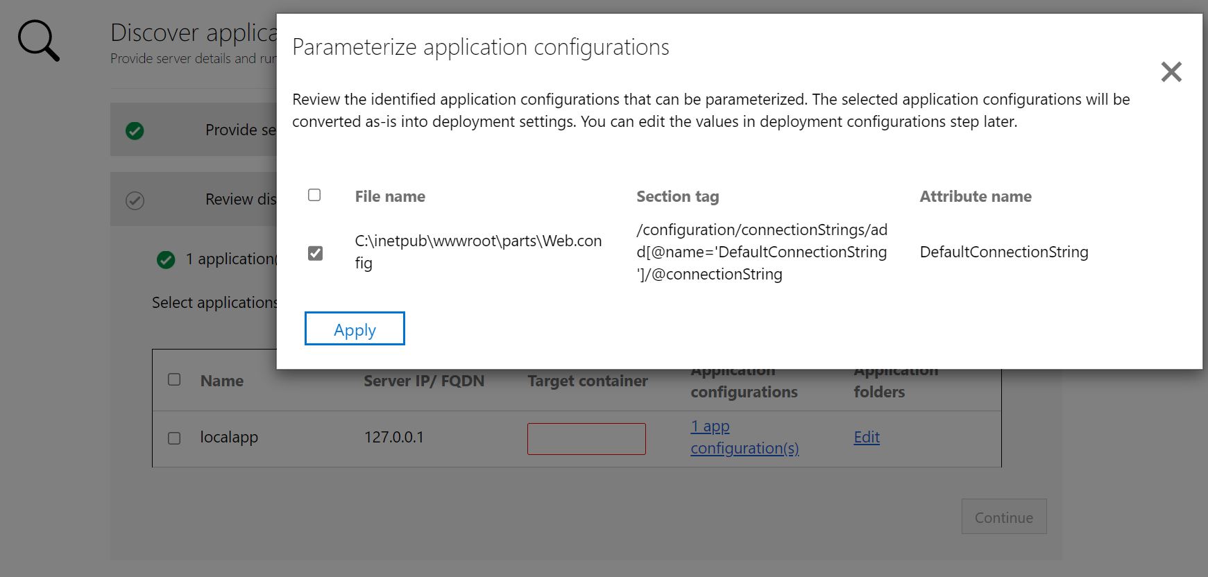 Capture d’écran de l’application ASP.NET de paramétrage de la configuration de l’application.