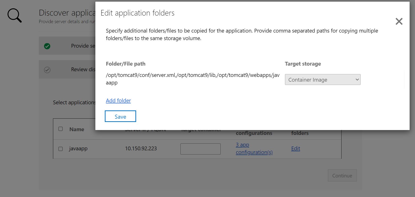 Capture d’écran de la sélection du stockage des volumes d’application.