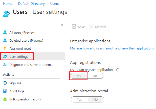 Capture d’écran de la vérification dans les paramètres utilisateur que les utilisateurs peuvent inscrire des applications Active Directory.