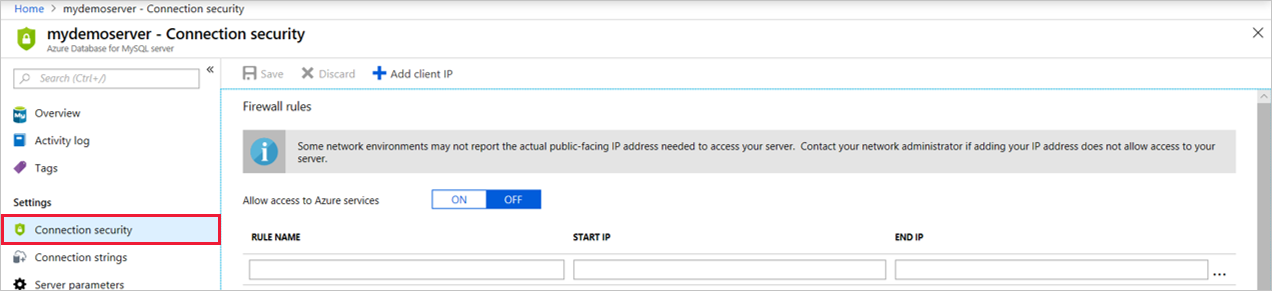 Azure portal - click Connection Security