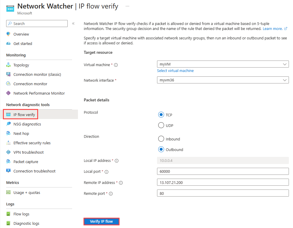 Screenshot shows the values to input in IP flow verify for first test.