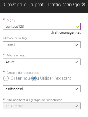 Capture d’écran de la création d’un profil Traffic Manager.