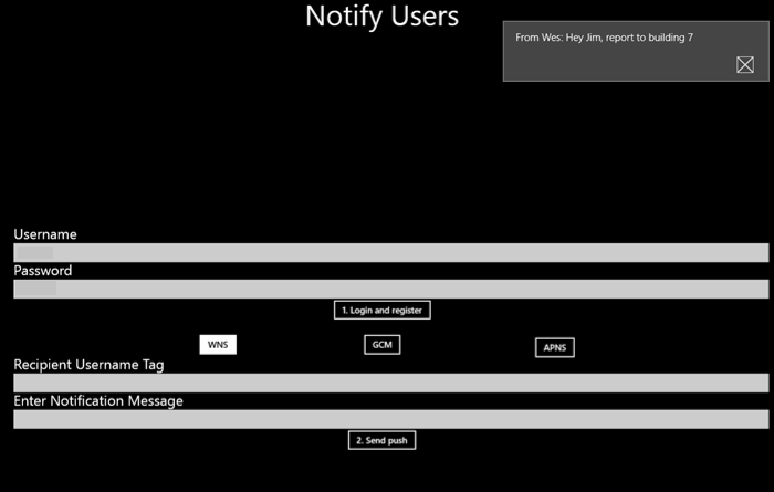 Capture d’écran de l’application Notification Hubs montrant le message ayant fait l’objet d’un envoi (push).