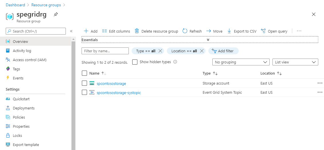 Capture d’écran de la page d’un groupe de ressources.