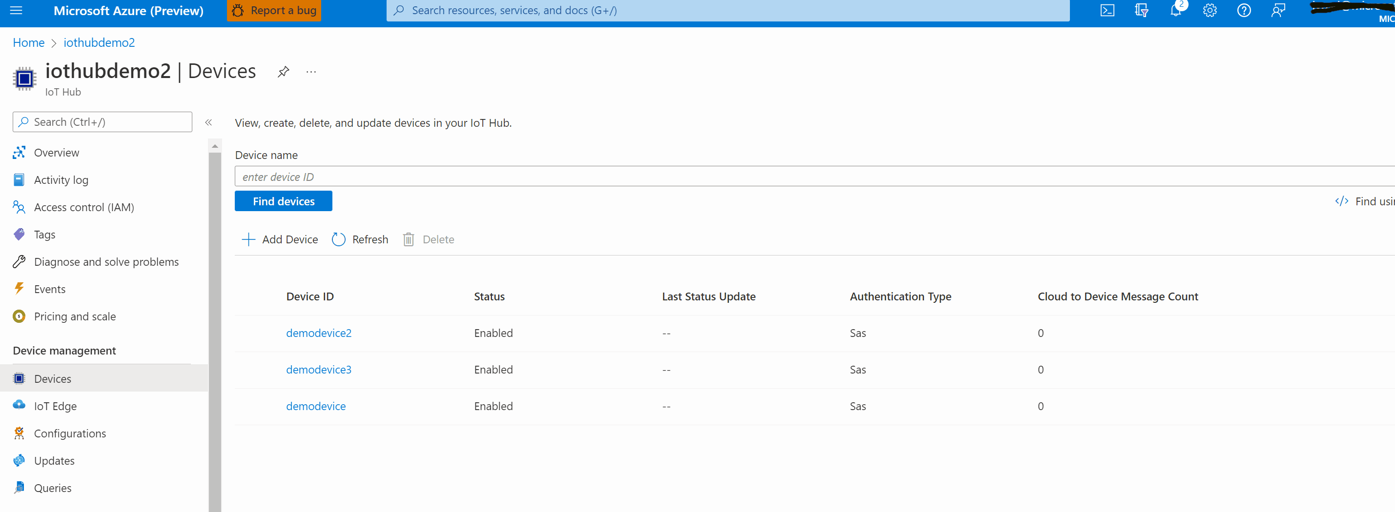Screenshot showing IoT Hub and devices from the Azure Portal