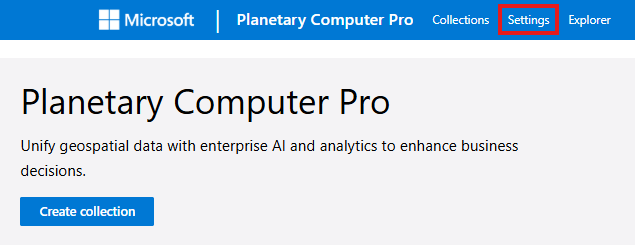 Capture d’écran du portail GeoCatalog montrant où se trouve le bouton Paramètres.