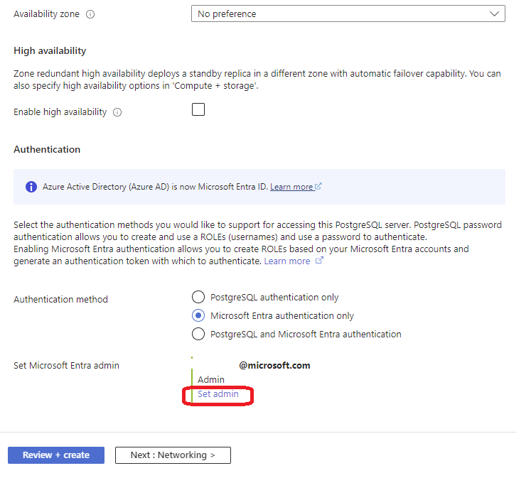 Screenshot that shows selections for setting a Microsoft Entra admin during server provisioning.]