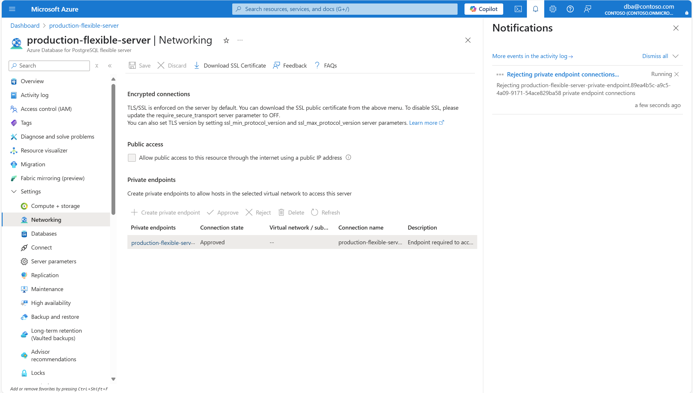 Capture d'écran montrant la notification informant du rejet de la connexion de point de terminaison privé.