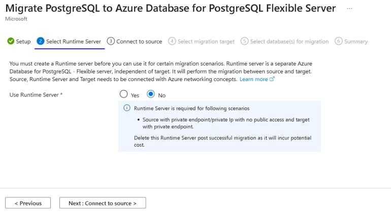 Capture d’écran de l’onglet du serveur de runtime de migration.