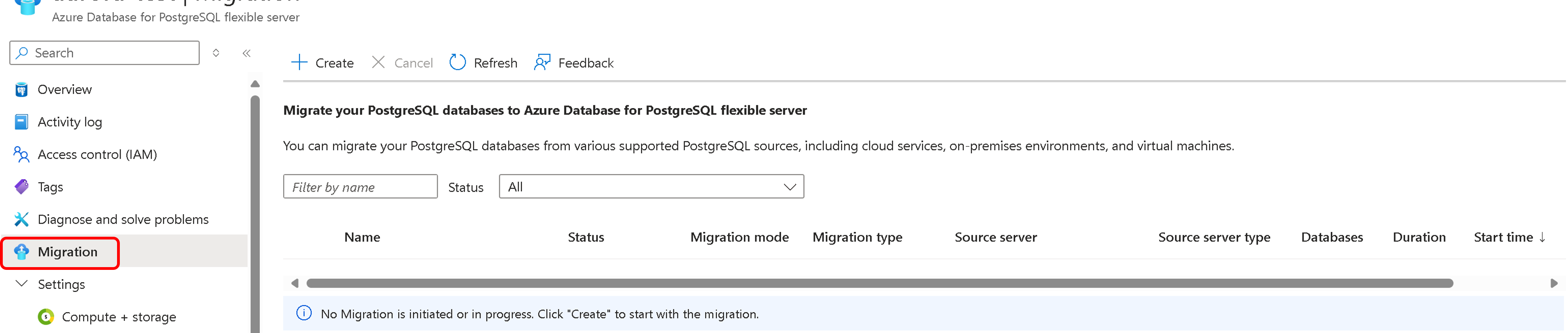 Capture d’écran de la sélection de la migration dans le portail Azure.