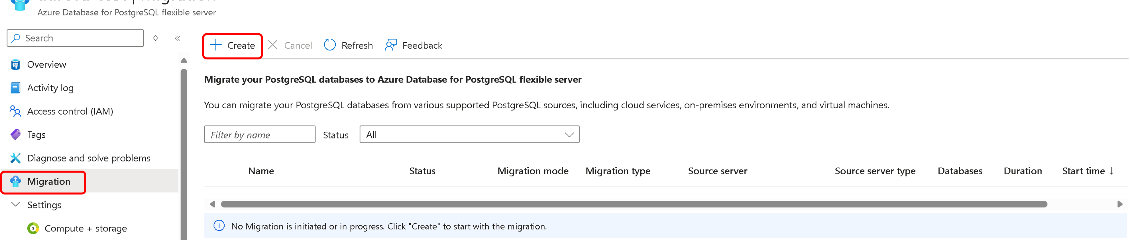 Capture d’écran du volet de création de la migration.