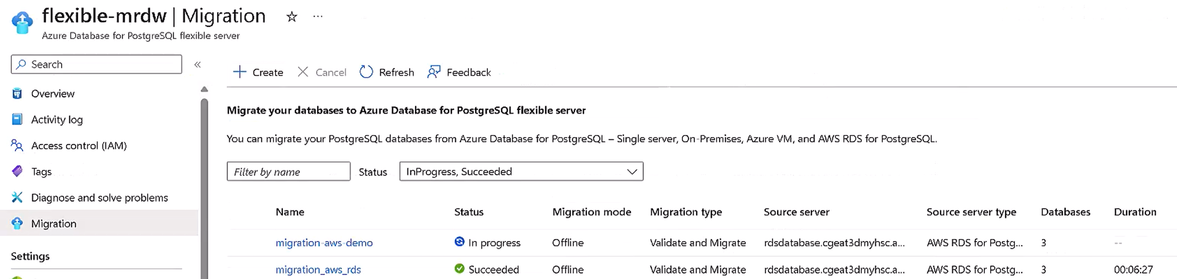 Capture d’écran de la page de surveillance de la migration.