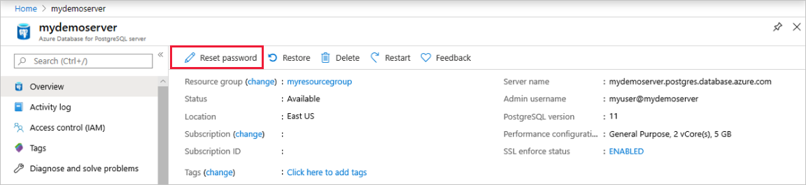 Capture d’écran du portail Azure pour réinitialiser le mot de passe dans Azure Database pour PostgreSQL