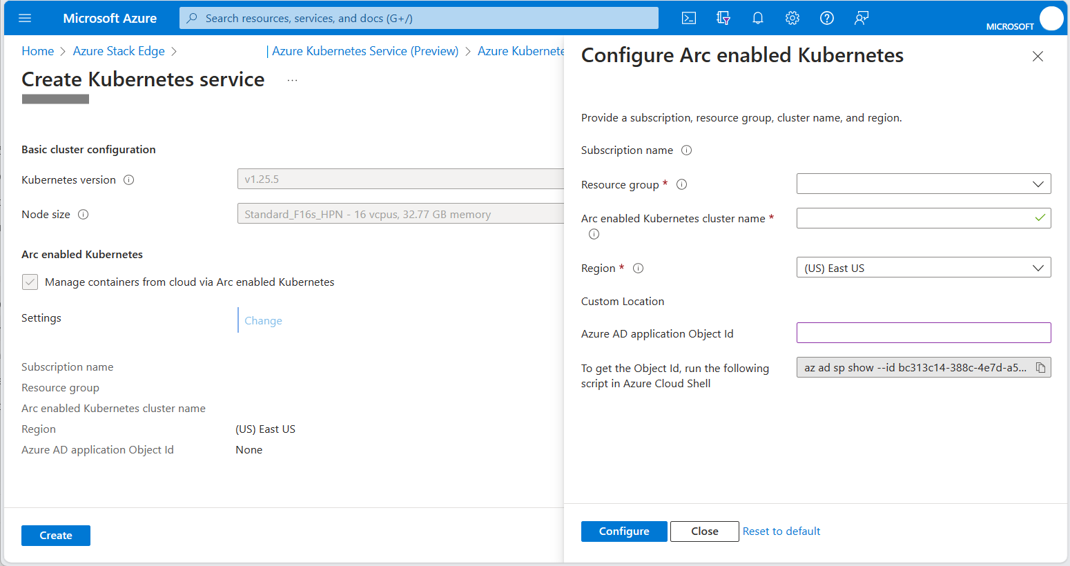Screenshot of Configure Arc enabled Kubernetes pane, showing where to enter the custom location OID.
