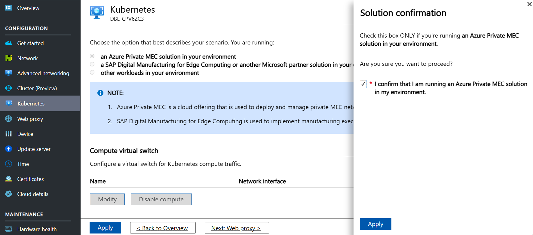 Screenshot of ASE Kubernetes configuration menu. The Azure Private MEC radio button is selected. The Workload confirmation popup is overlaid.