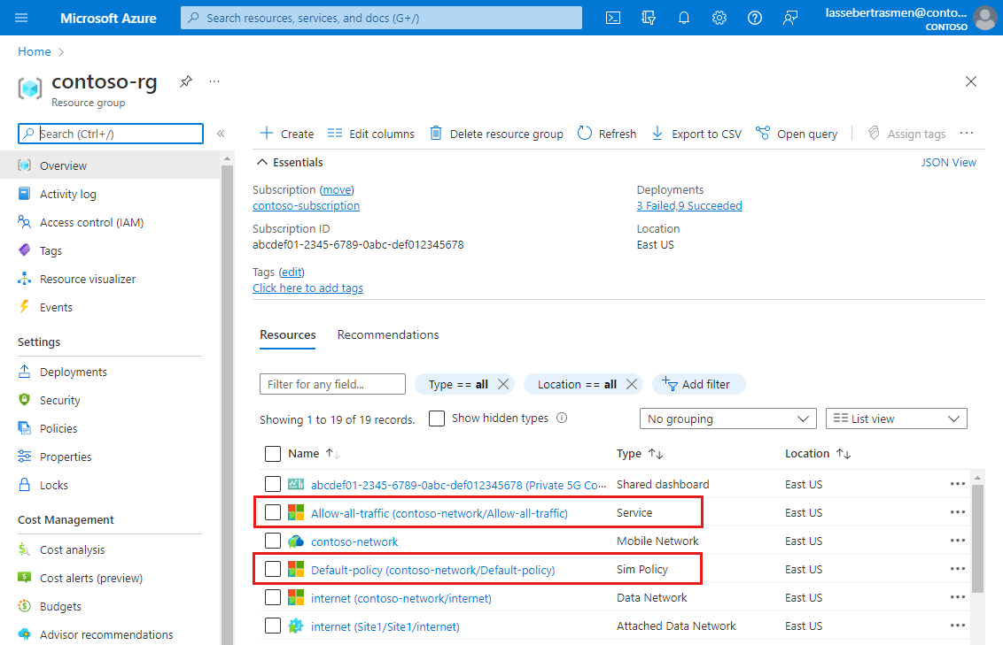 Capture d'écran du Portail Azure montrant un groupe de ressources contenant des SIM nouvellement approvisionnées.