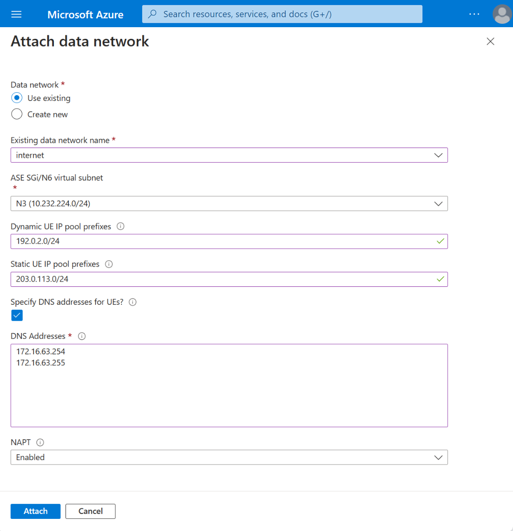 Screenshot of the Azure portal showing the Attach data network screen.