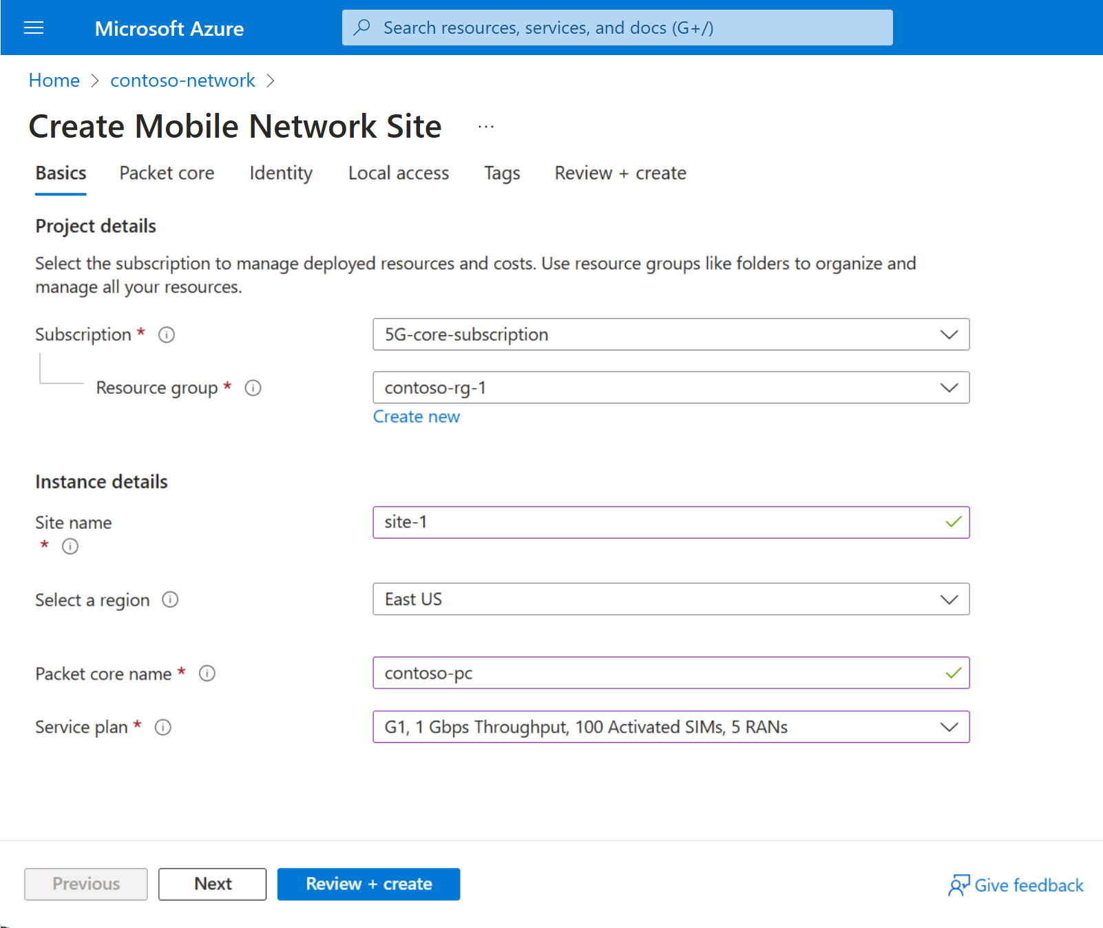 Screenshot of the Azure portal showing the Basics configuration tab for a site resource.