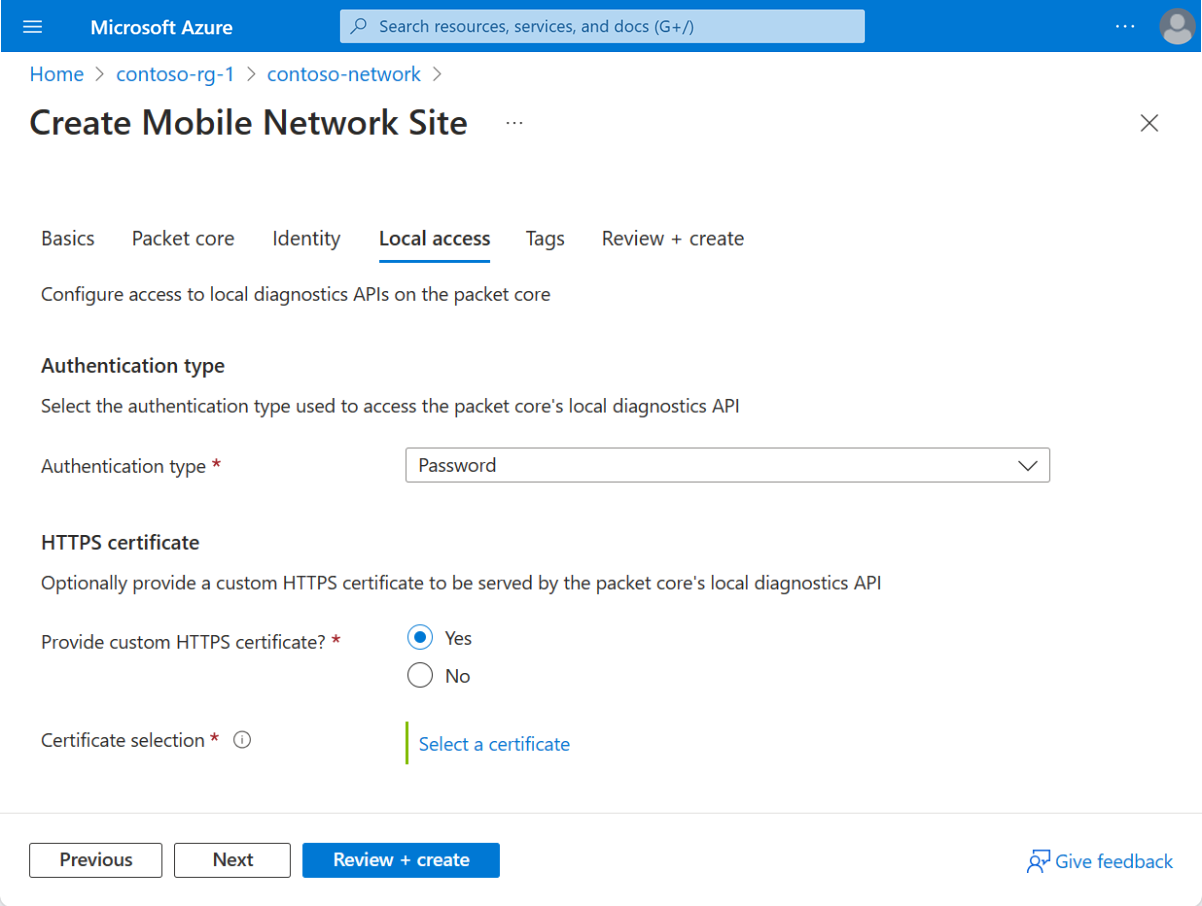 Screenshot of the Azure portal showing the Local access configuration tab for a site resource.