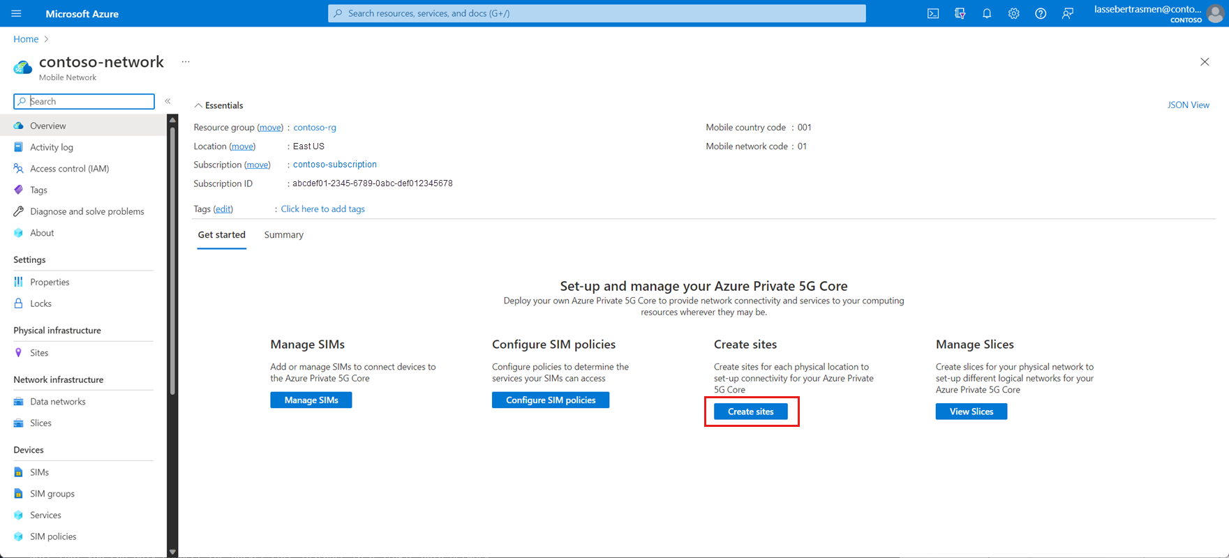 Screenshot of the Azure portal showing the Get started tab, with the Create sites button highlighted.