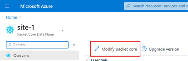 Screenshot of the Azure portal showing the Modify packet core option.