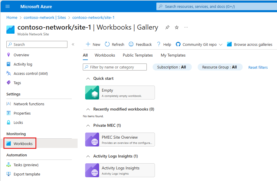 Screenshot of the Azure portal showing the Workbooks tab.