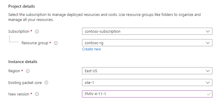 Screenshot of the Azure portal showing the configuration fields for the upgrade ARM template.