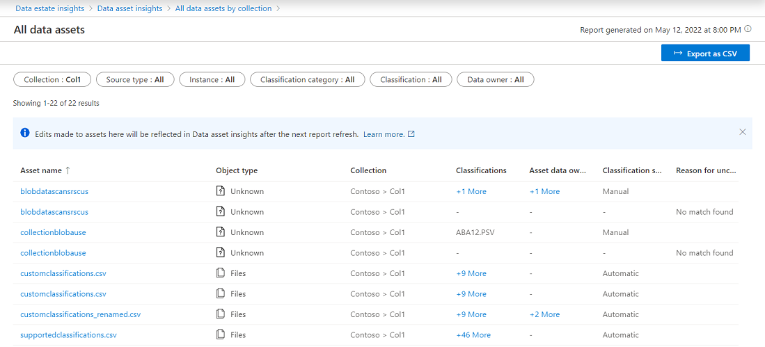 Capture d’écran de l’écran de liste des ressources, montrant toutes les ressources dans la collection sélectionnée.