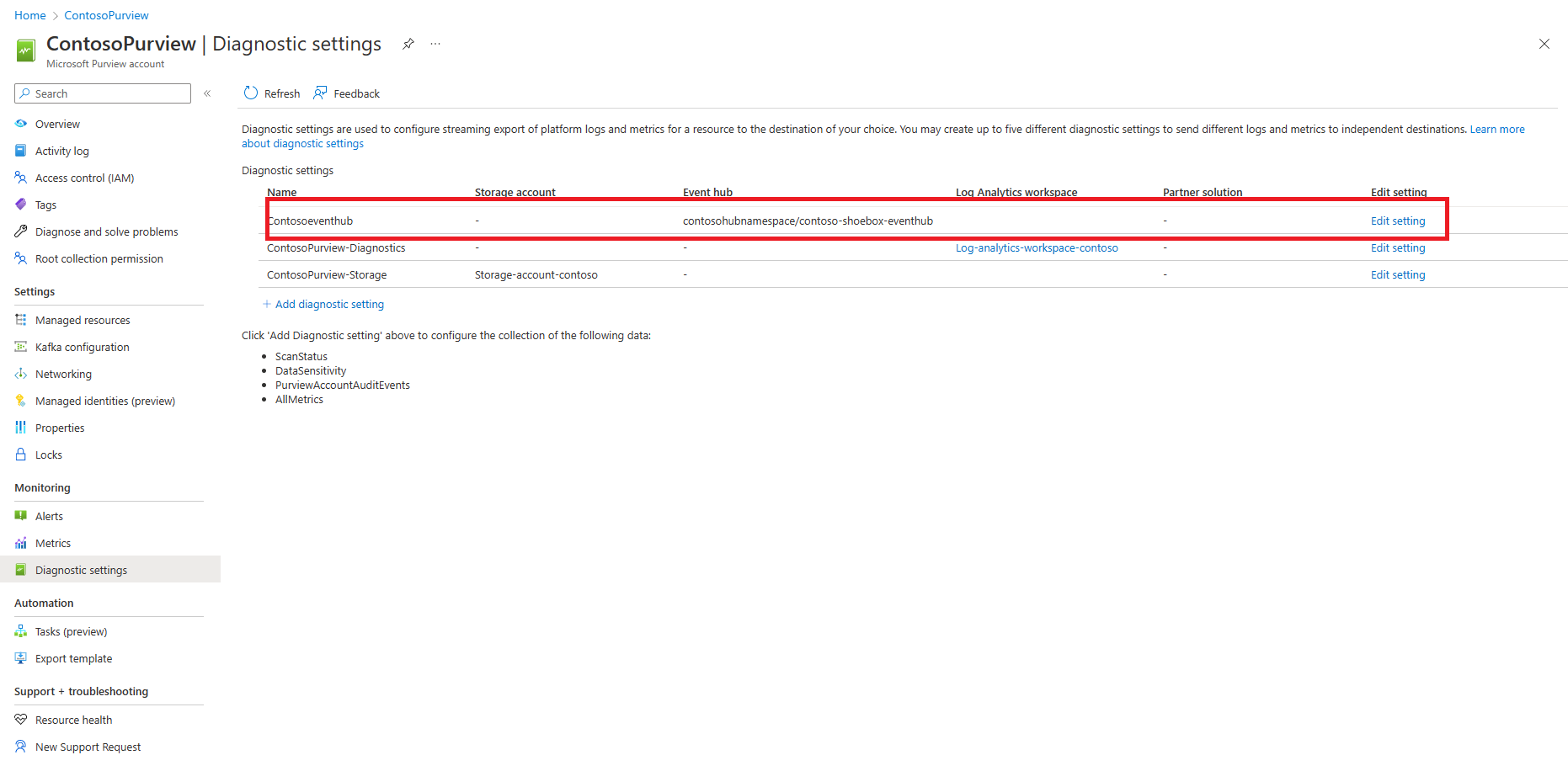 Capture d’écran montrant les événements de journal enregistrés dans Event Hub.