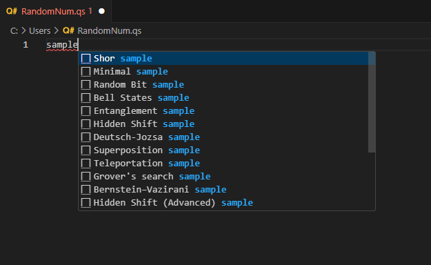 Capture d’écran du fichier Q# dans Visual Studio Code montrant la liste des exemples de code lors de l’écriture de l’exemple de mot dans le fichier.