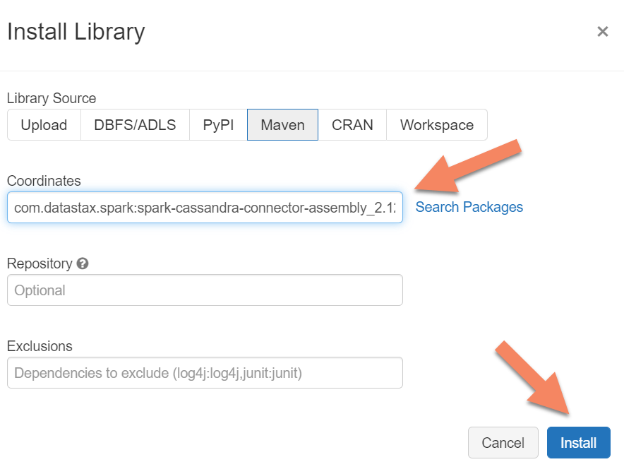 Capture d’écran montrant la recherche de packages Maven dans Azure Databricks.