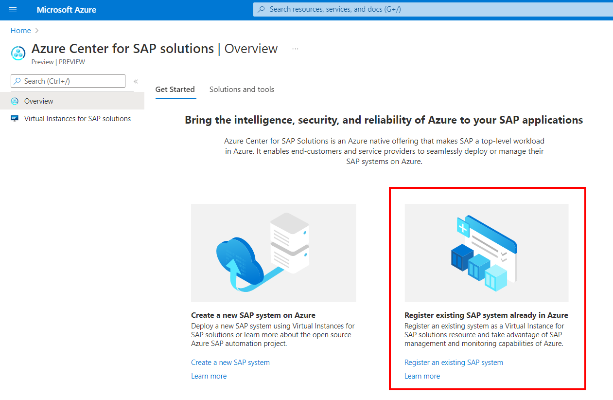 Capture d’écran de la page de vue d’ensemble du service Centre Azure pour les solutions SAP dans le portail Azure, qui montre le bouton permettant d’inscrire un système SAP existant.